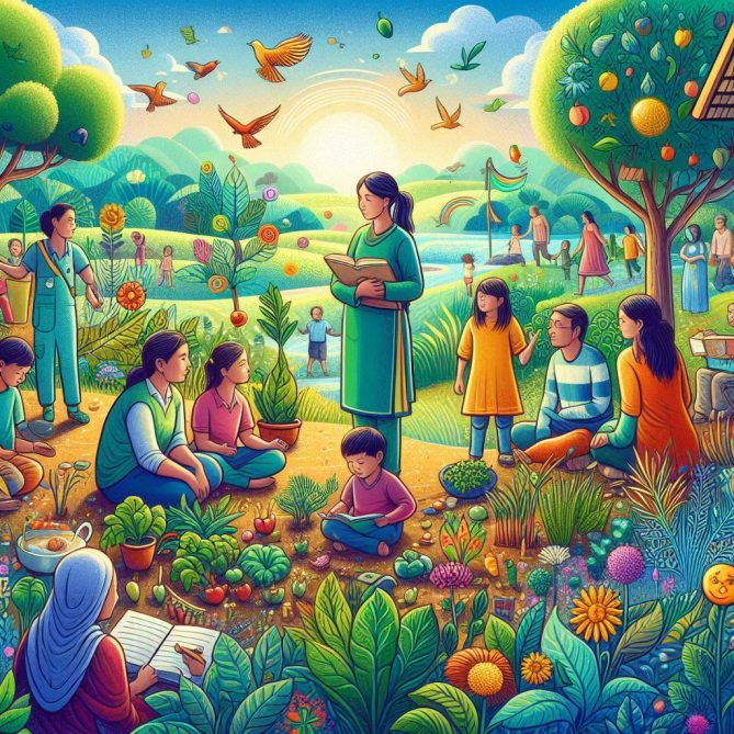 An-uplifting-and-vibrant-illustration-showing-a-diverse-group-of-families-in-a-rural-community-setti